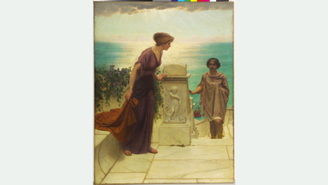 The painting shows a young lady in classical dress on a terrace overlooking the sea. On the right a young man is ascending a flight of stairs. In the background may still be seen part of a ship that has brought him hither.