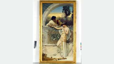 John William Godward, Yes or No (1893)  The painting shows a young, hand holding couple, separated by a wall.