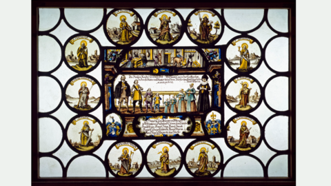 Anonymous, Stained glass window of the Butcher Hans Lutz and his Family with Group of Apostles