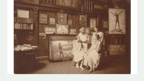 Fidus in his studio in Woltersdorf in the mid-1930s. Behind him hangs his Tröstender Schoß [Comforting Lap].