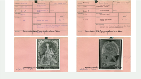 Property cards of both pictures issued by the Munich Central Collecting Point. Their provenance is given as ‘acquired from the Brown House Munich or the Obersalzberg for decoration purposes’