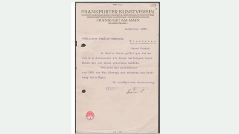 Written communication of the Frankfurter Kunstverein to the Städtische Gemälde-Sammlung Wiesbaden dated 03.10.1927 Written communication of the Frankfurter Kunstverein to the Städtische Gemälde-Sammlung Wiesbaden dated 03.10.1927